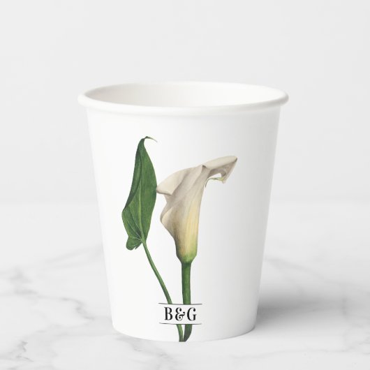 Elegante witte Calla Lily Groene Botanische Bruilo Papieren Bekers (Voorkant)