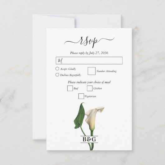 Elegante witte Calla Lily Groene Botanische Bruilo RSVP Kaartje (Voorkant)