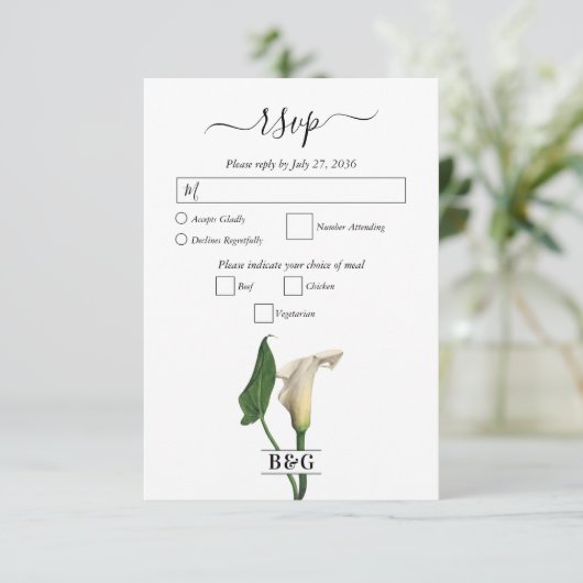 Elegante witte Calla Lily Groene Botanische Bruilo RSVP Kaartje (Staand voorkant)