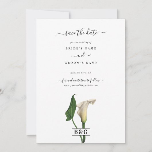 Elegante witte Calla Lily Groene Botanische Bruilo Save The Date (Voorkant)