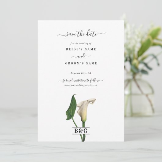 Elegante witte Calla Lily Groene Botanische Bruilo Save The Date (Staand voorkant)