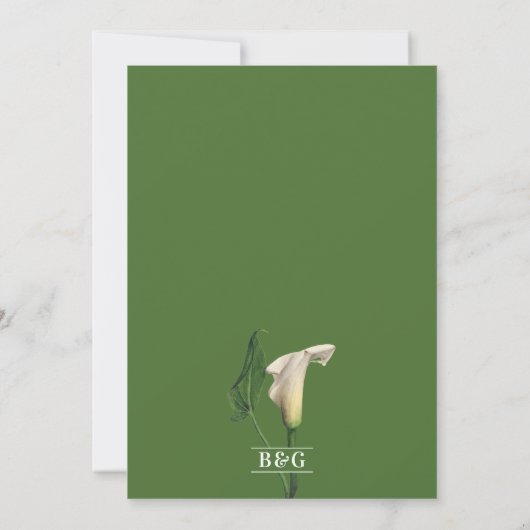 Elegante witte Calla Lily Groene Botanische Bruilo Save The Date (Achterkant)