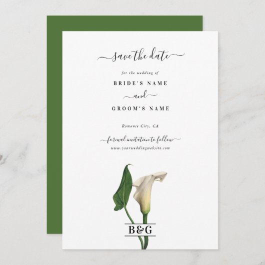 Elegante witte Calla Lily Groene Botanische Bruilo Save The Date (Voorkant / Achterkant)