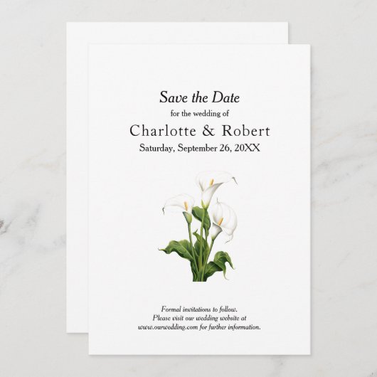 Elegante witte Calla Lily Save The Date (Voorkant / Achterkant)