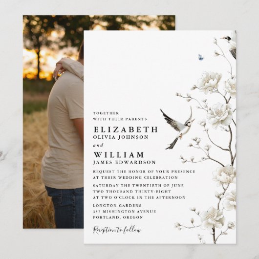 Elegante Witte Chinoiserie Bloemen Trouwfoto Kaart (Voorkant / Achterkant)