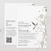 Elegante witte chinoiserie bloemencode bruiloft kaart (Voorkant / Achterkant)