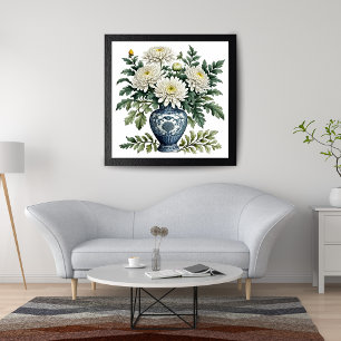 Elegante witte chrysanten in een blauw-witte V Foto Afdruk
