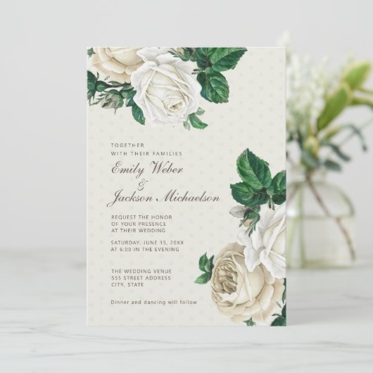 Elegante witte crème bloemen botanische bruiloft kaart (Staand voorkant)