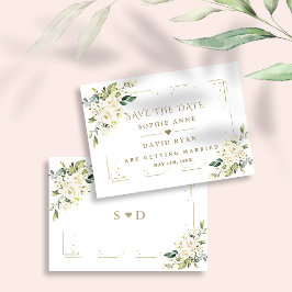 Elegante witte crème bloemen gouden glitter bruilo save the date