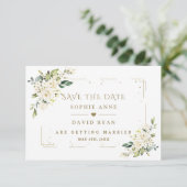 Elegante witte crème bloemen gouden glitter bruilo save the date (Staand voorkant)