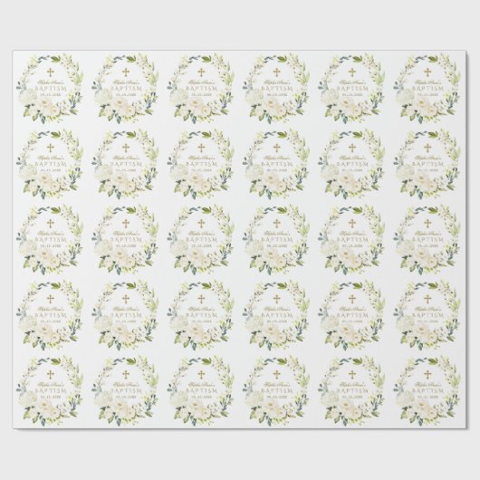 Elegante witte crème bloemen gouden kruis doop cadeaupapier (Vlak)