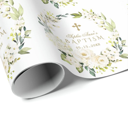 Elegante witte crème bloemen gouden kruis doop cadeaupapier (Rol Hoek)