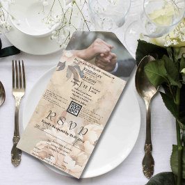 Elegante Witte Crème Pioen Bloem QR Code Foto All In One Uitnodiging