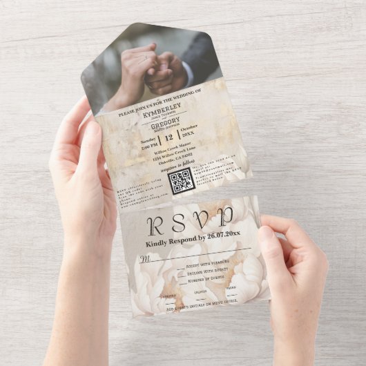 Elegante witte crème pioen bloemige QR code foto All In One Uitnodiging (Afscheurbaar)