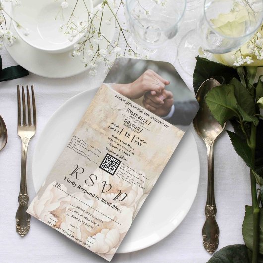 Elegante witte crème pioen bloemige QR code foto All In One Uitnodiging