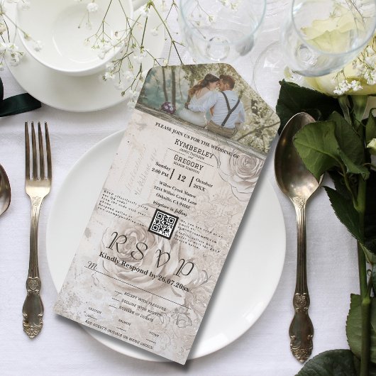 Elegante witte crème rozen bloemencode QR-code fot All In One Uitnodiging