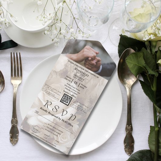 Elegante witte crème Rozen Floral QR Code Foto All In One Uitnodiging