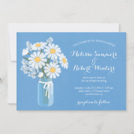 Elegante Witte Daisies Mason Jar op Blauwe Bruilof Kaart