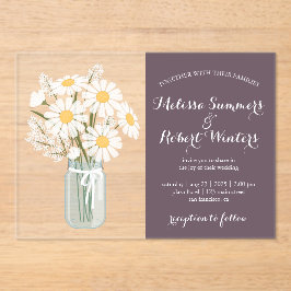 Elegante Witte Daisies Mason Jar Wedding Paarse Acryl Uitnodigingen