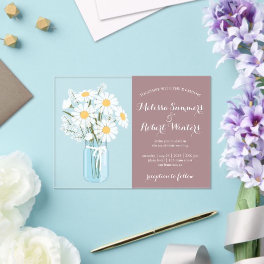 Elegante Witte Daisies Mason Jar Wedding Rosy Brow Acryl Uitnodigingen (Insitu (Huwelijk))