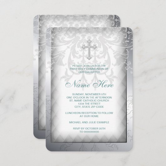 Elegante witte Damask Cross Eerste Communie Kaart (Voorkant / Achterkant)