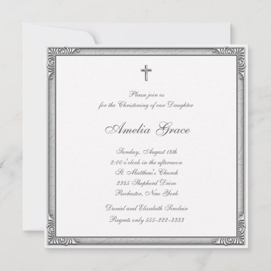 Elegante witte Damask foto doop Kaart (Achterkant)