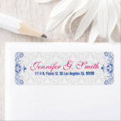 Elegante witte damasks & Royal Blue Bloemen Damask Etiket (Insitu)