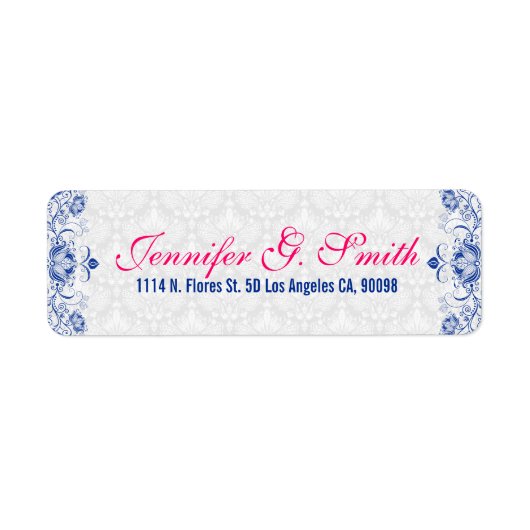 Elegante witte damasks & Royal Blue Bloemen Damask Etiket (Voorkant)