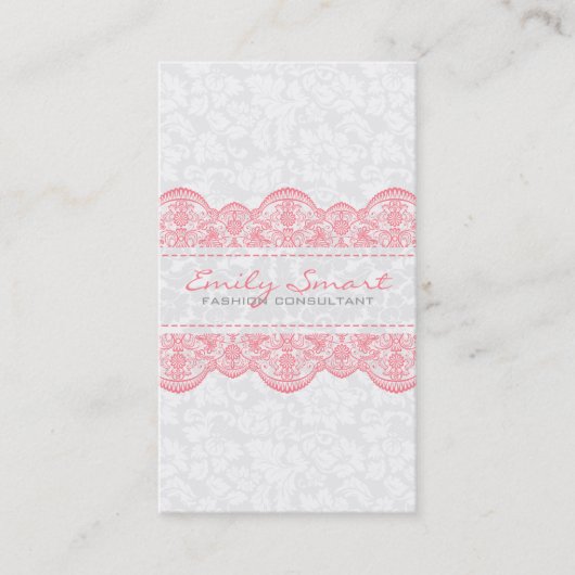 Elegante witte Damasks roze kant Visitekaartje (Voorkant)