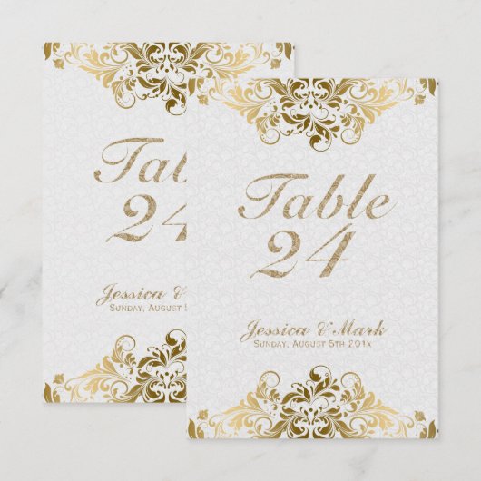 Elegante witte damast en gouden bloemen kant kaart (Voorkant / Achterkant)