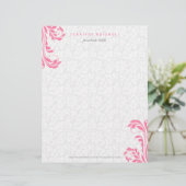 Elegante witte damast roze bloemenwerveling gepersonaliseerd briefhoofd (Staand voorkant)