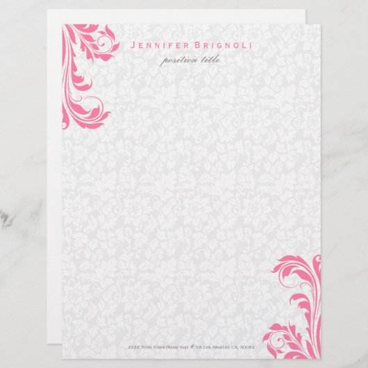 Elegante witte damast roze bloemenwerveling gepersonaliseerd briefhoofd (Voorkant / Achterkant)