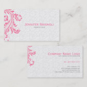 Elegante witte damast roze bloemenwerveling visitekaartje (Voorkant / Achterkant)