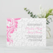 Elegante witte damast roze kant bruiloft kaart (Staand voorkant)