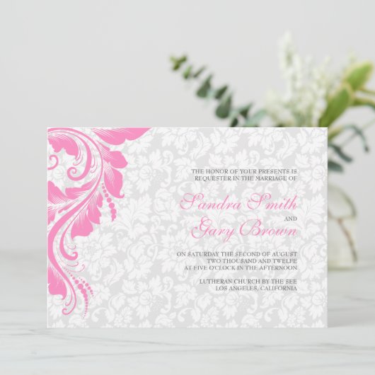 Elegante witte damast roze kant bruiloft kaart (Staand voorkant)