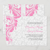 Elegante witte damast roze kant bruiloft kaart (Voorkant / Achterkant)