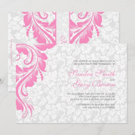 Elegante witte damast roze kant bruiloft kaart (Voorkant / Achterkant)