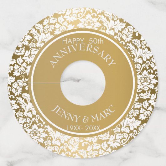 Elegante witte damast wijnglaslabel (Voorkant)