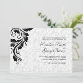 Elegante witte damast zwart kant bruiloft kaart (Staand voorkant)