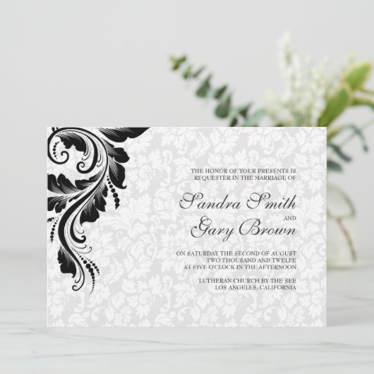 Elegante witte damast zwart kant bruiloft kaart (Staand voorkant)