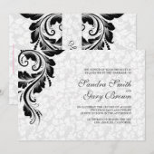 Elegante witte damast zwart kant bruiloft kaart (Voorkant / Achterkant)