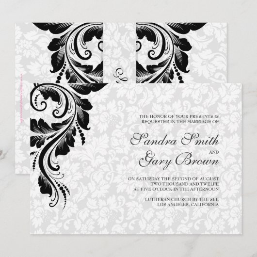 Elegante witte damast zwart kant bruiloft kaart (Voorkant / Achterkant)