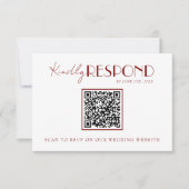 Elegante witte dieprode bordeauxrode QR-code bruil RSVP Kaartje (Voorkant)