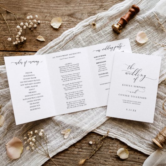 Elegante Witte Drie-voudige Trouwprogramma Brochur Drieluik Programma