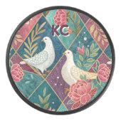 Elegante Witte Duiven Roze Bloemen & Goud Geometri Hockey Puck (Voorkant)
