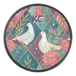 Elegante Witte Duiven Roze Bloemen & Goud Geometri Hockey Puck