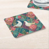 Elegante Witte Duiven Roze Bloemen & Goud Geometri Kartonnen Onderzetters (Schuin)