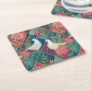 Elegante Witte Duiven Roze Bloemen & Goud Geometri Kartonnen Onderzetters