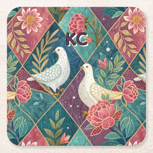 Elegante Witte Duiven Roze Bloemen & Goud Geometri Kartonnen Onderzetters (Voorkant)