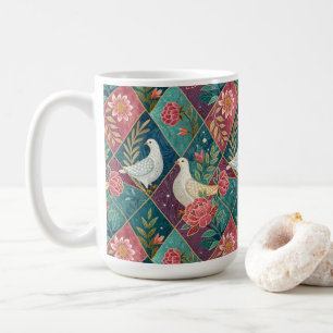 Elegante Witte Duiven Roze Bloemen & Goud Geometri Koffiemok